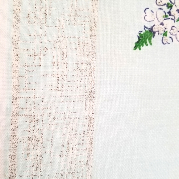 VINTAGE blue green floral linen square tablecloth subtle tan border 51x51 inches - Picture 4 of 9
